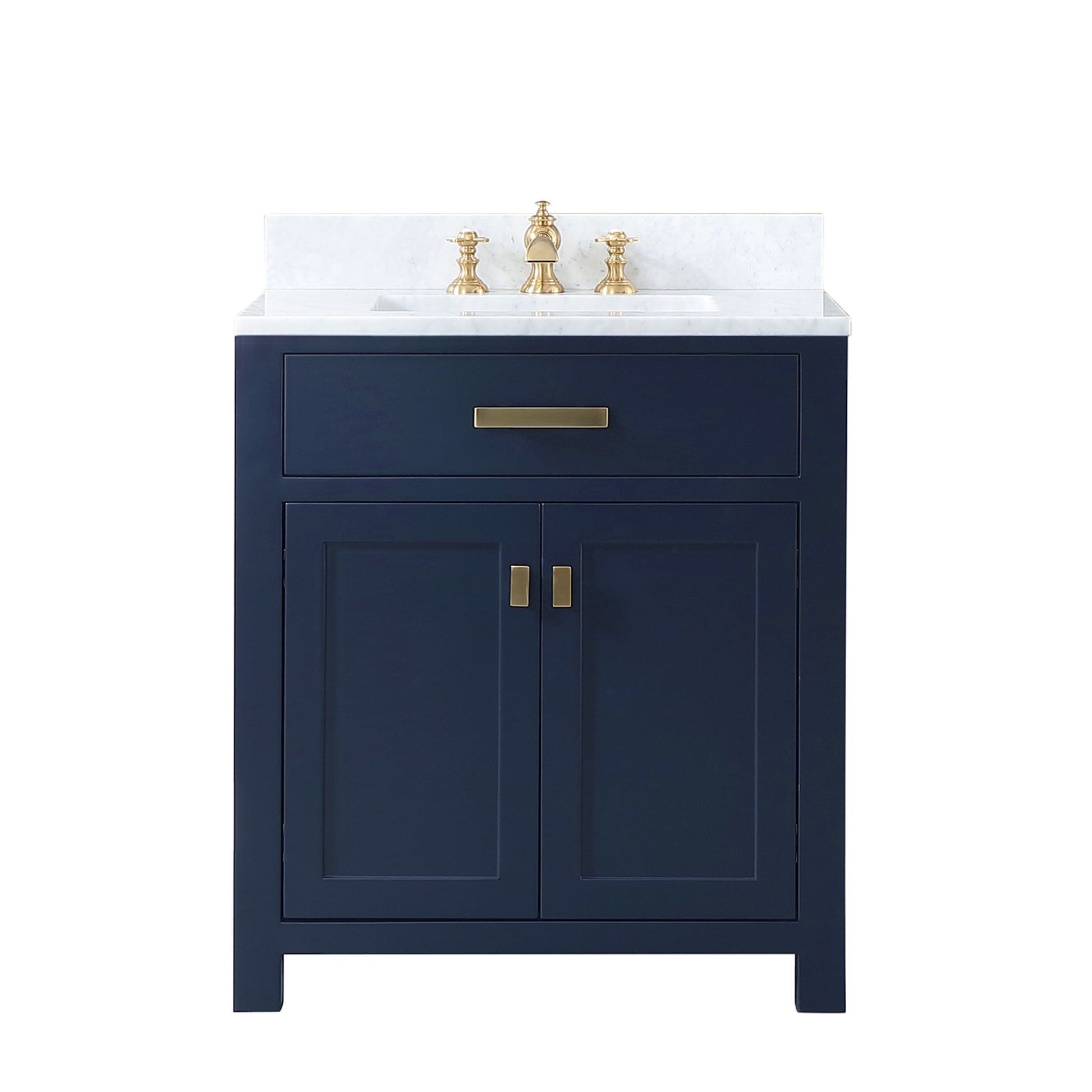 MADISON 30"W x 34"H Monarch Blue Single-Sink Vanity with Carrara White Marble Countertop + Faucets (F2-0013-06-FX)