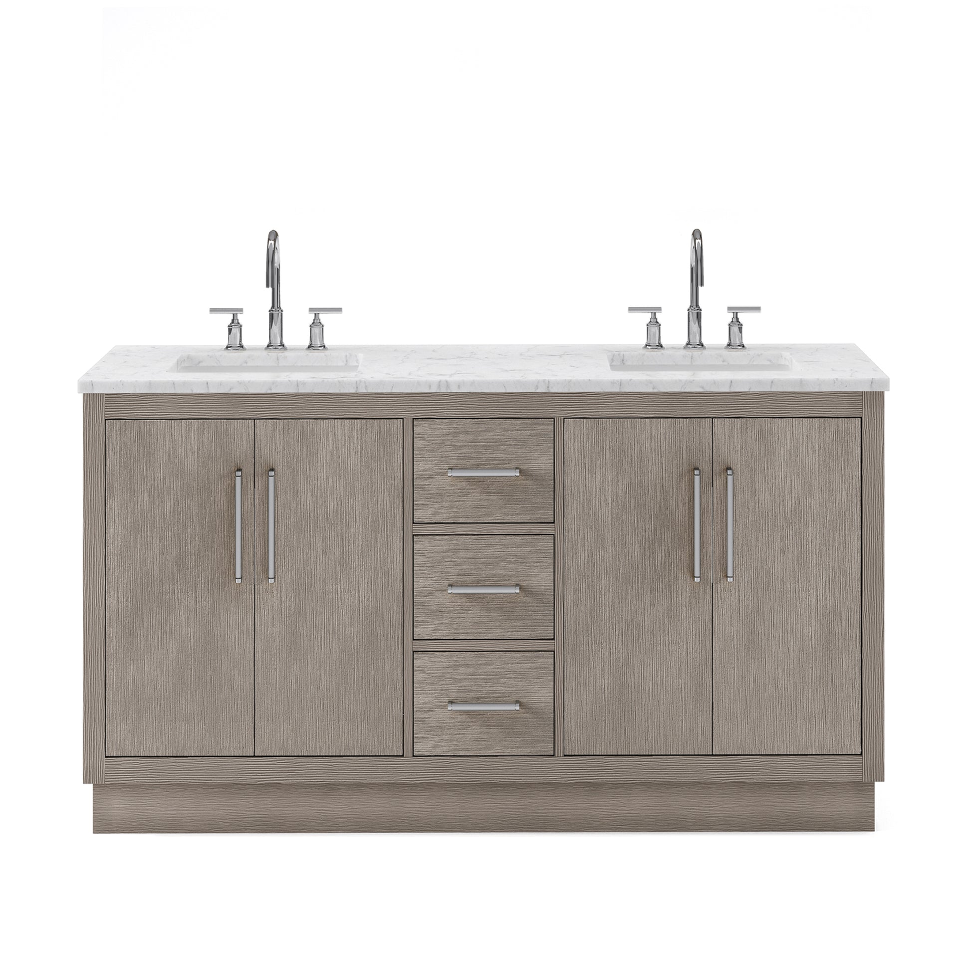 HUGO 60"W x 34.3"H Gray Oak Double-Sink Vanity with Carrara White Marble Countertop + Gooseneck Faucets