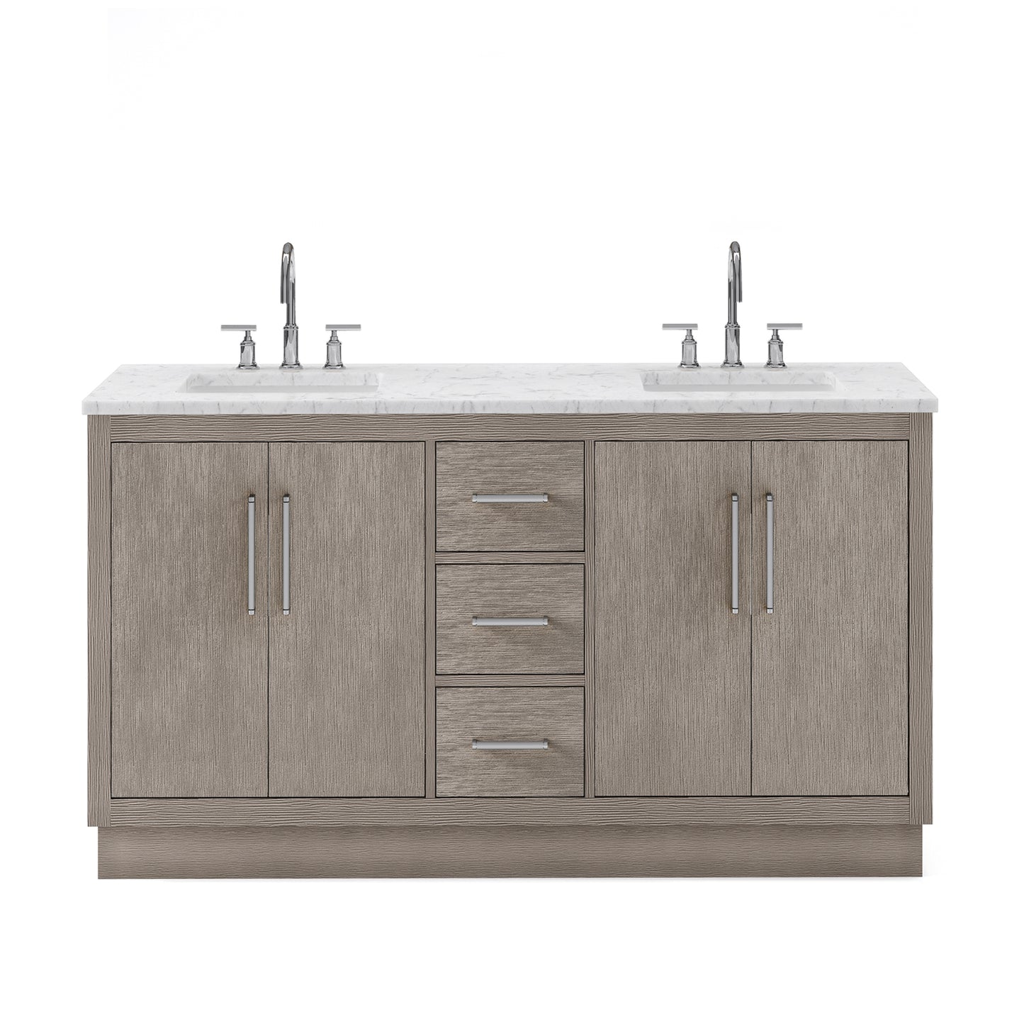 HUGO 60"W x 34.3"H Gray Oak Double-Sink Vanity with Carrara White Marble Countertop + Gooseneck Faucets