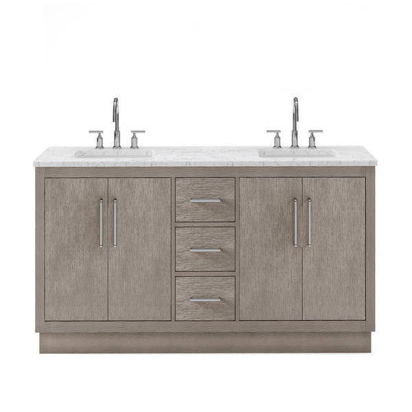 HUGO 60W x 34.3H Gray Oak Double-Sink Vanity with Carrara White Marble Countertop + Gooseneck Faucets