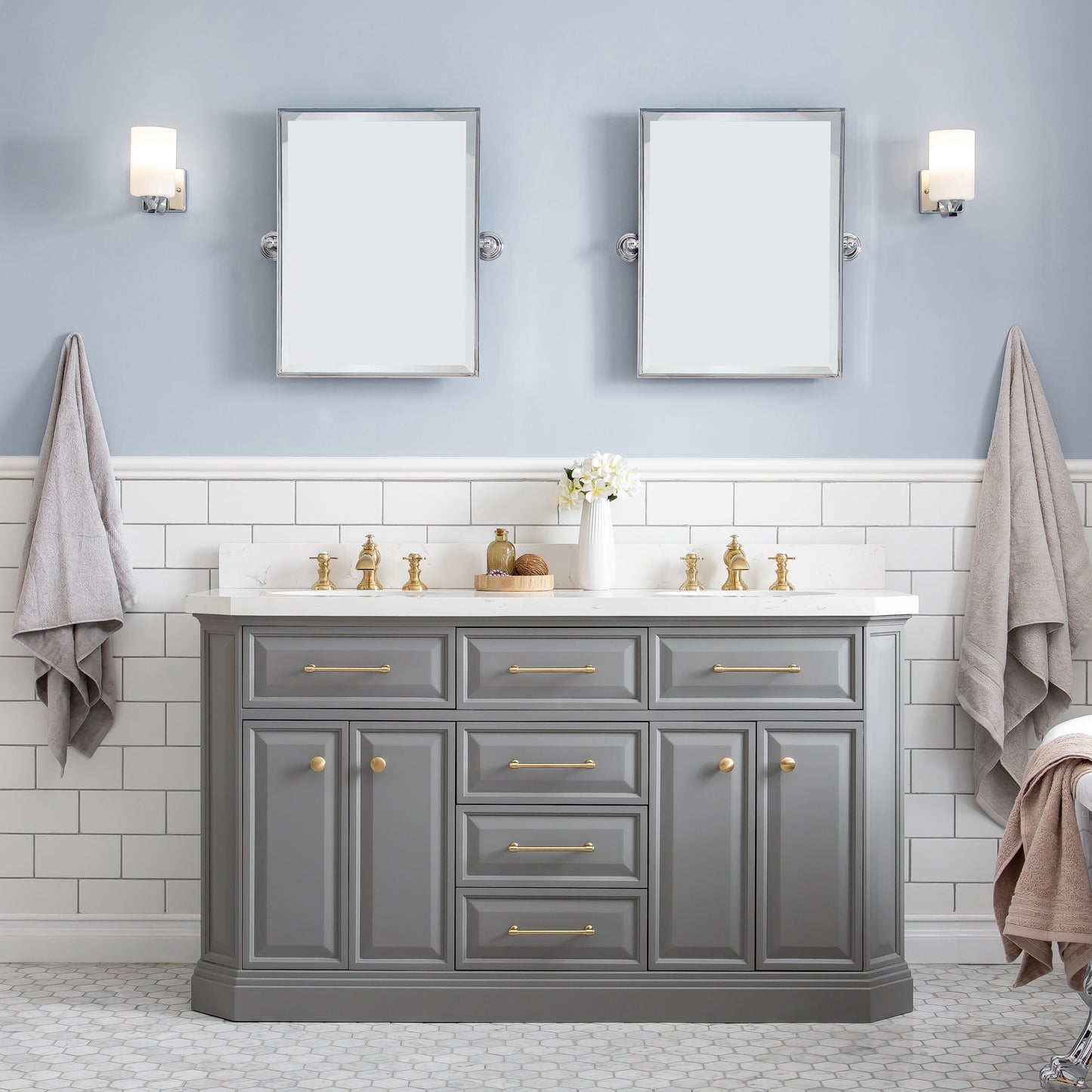 PALACE 60"W x 34"H Cashmere Gray Vanity with Carrara Quartz Countertop + Mirrors, Satin Gold Finish Hardware & Chrome Finish Mirror (A)