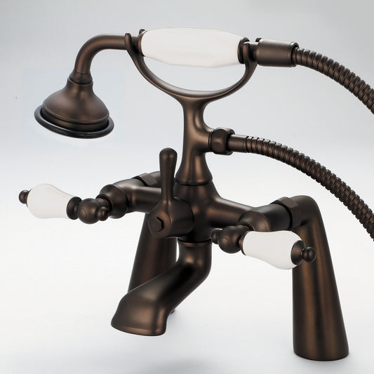 Vintage Classic 7" Spread Deck Mount Tub Faucet With Handheld Shower in Oil Rubbed Bronze Finish, With Porcelain Lever Handles Without labels