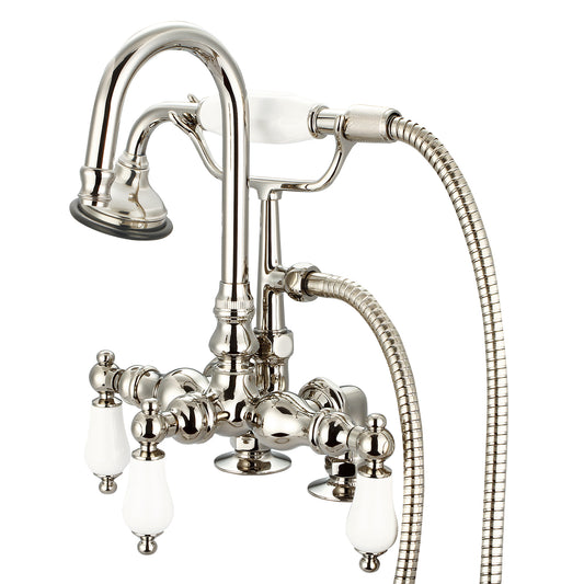 Vintage Classic 3.375" Center Deck Mount Tub Faucet With Gooseneck Spout, 2" Risers & Handheld Shower in Polished Nickel Finish, With Porcelain Lever Handles Without labels