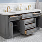 PALACE 72"W x 34"H Cashmere Gray Vanity with Carrara Quartz Countertop + Faucets & Mirrors (F2-0012), Satin Gold Finish Hardware & Chrome Finish Mirror (B)