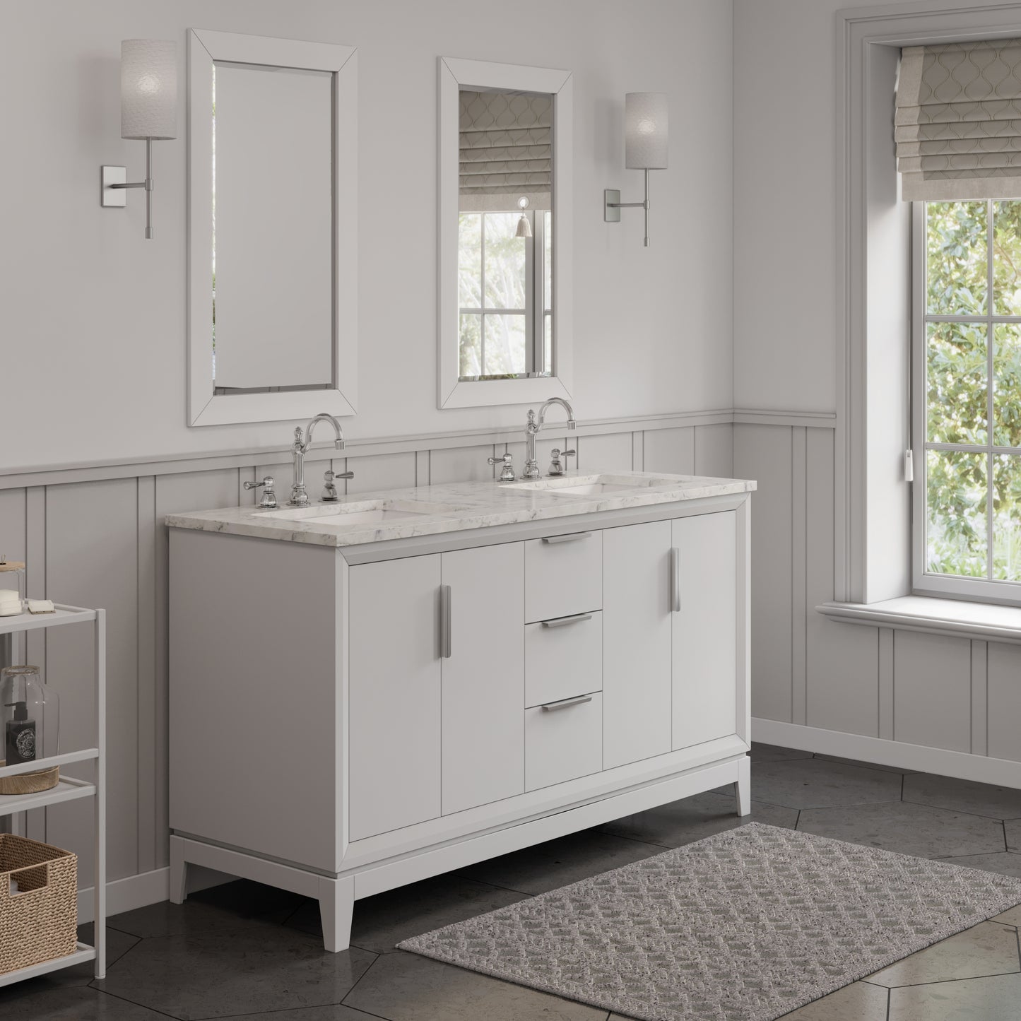 ELIZABETH 60"W x 34.25"H Pure White Double-Sink Vanity with Carrara White Marble Countertop