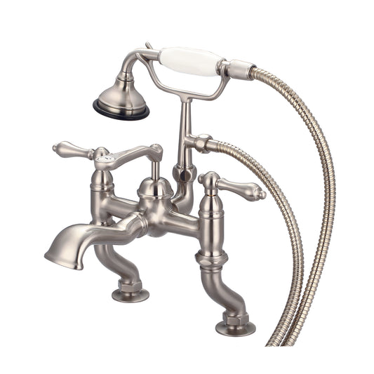 Vintage Classic Adjustable Center Deck Mount Tub Faucet With Handheld Shower in Brushed Nickel Finish, With Metal Lever Handles Without Labels