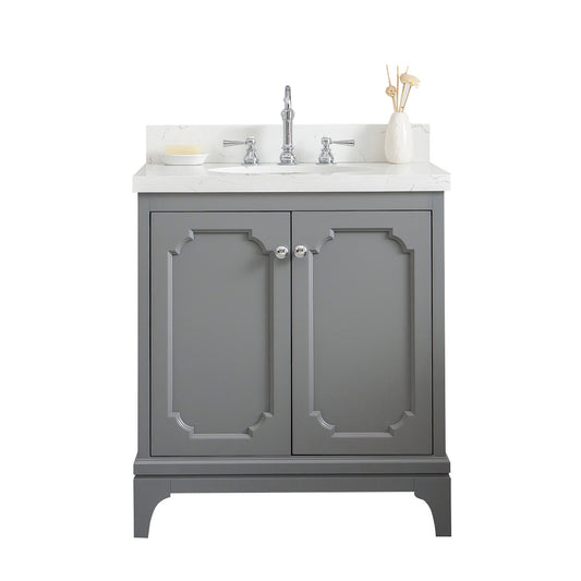 QUEEN 30"W x 34"H Cashmere Gray Single-Sink Vanity with Carrara Quartz Countertop + Faucets (F2-0012-01-TL)