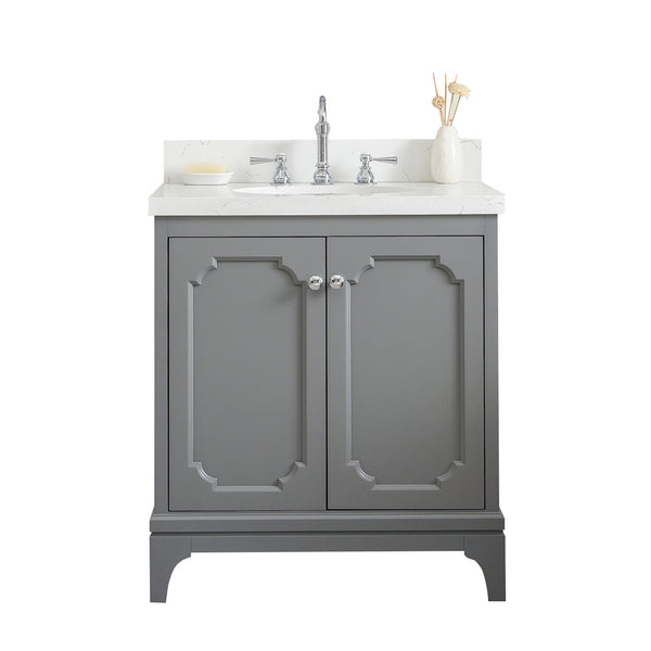 QUEEN 30W x 34H Cashmere Gray Single-Sink Vanity with Carrara Quartz Countertop + Faucets (F2-0012-01-TL)