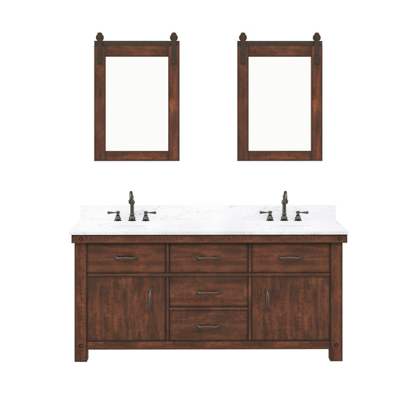 ABERDEEN 72W x 34H Sierra Rustic Double-Sink Vanity with Carrara White Marble Countertop + Mirrors