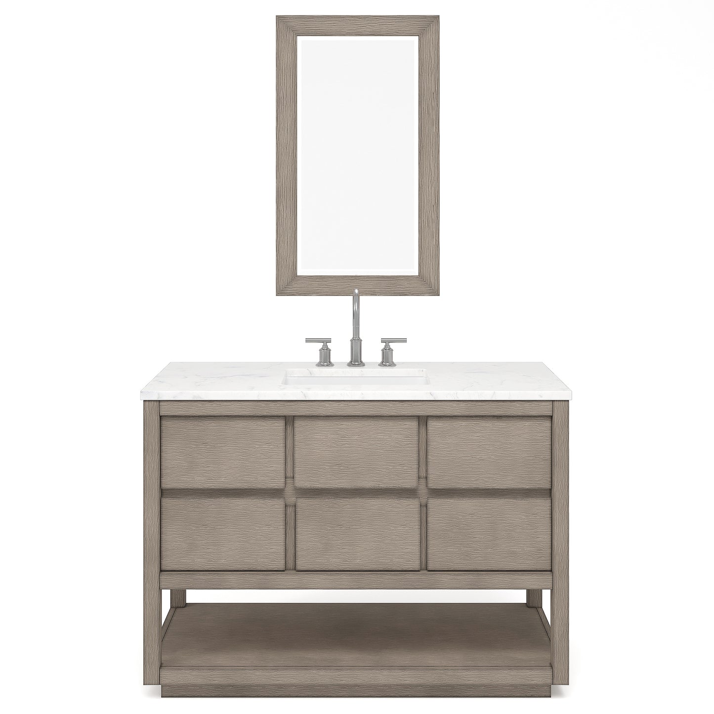 OAKMAN 48"W x 34.3"H Gray Oak Single-Sink Vanity with Carrara White Marble Countertop + Chrome Faucet and Rectangular Mirror