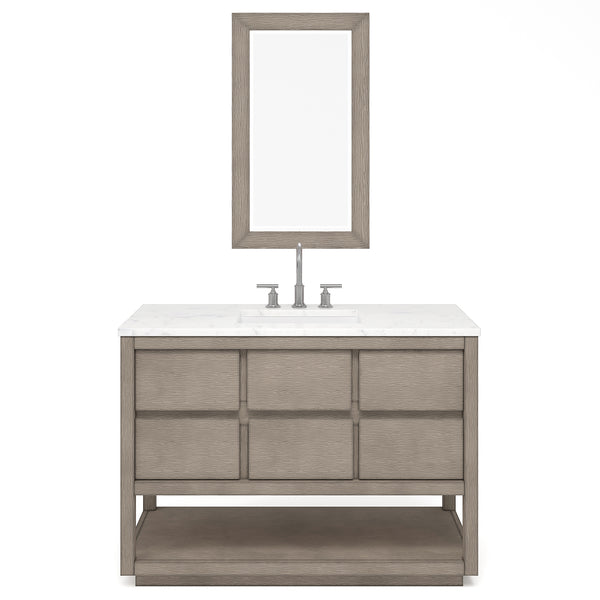 OAKMAN 48W x 34.3H Gray Oak Single-Sink Vanity with Carrara White Marble Countertop + Chrome Faucet and Rectangular Mirror