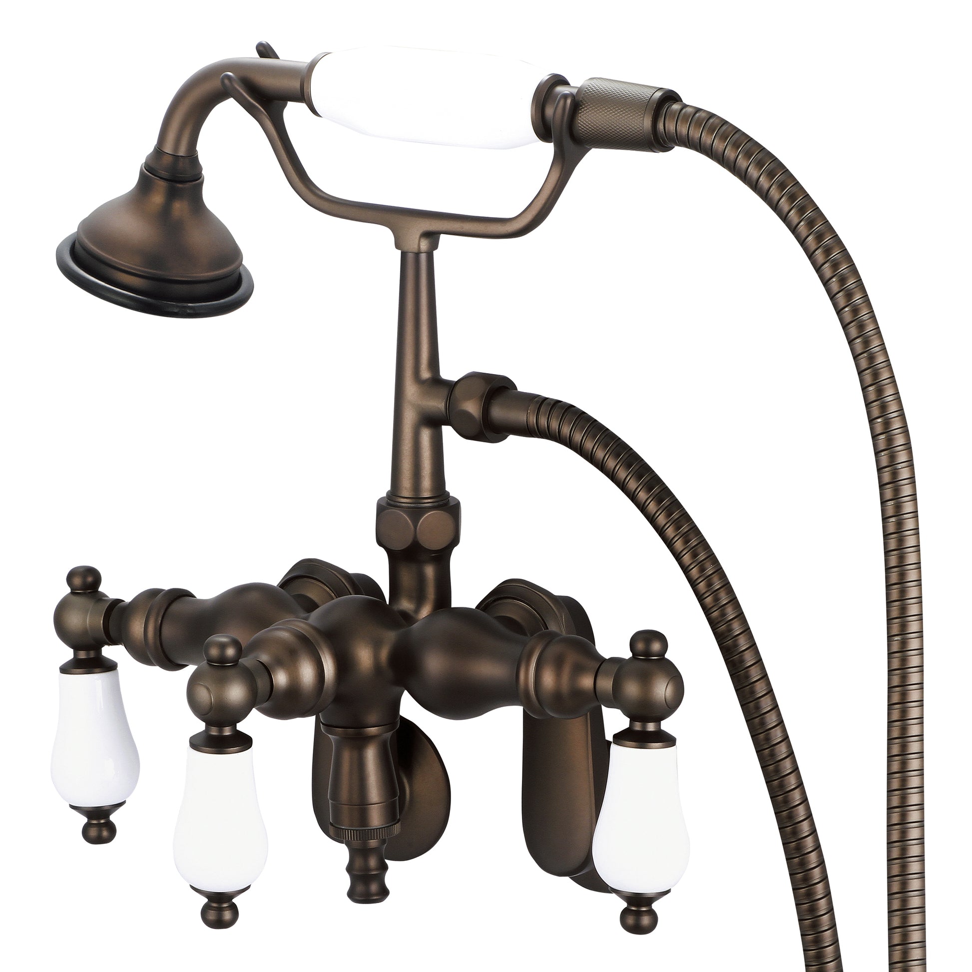 Vintage Classic Adjustable Center Wall Mount Tub Faucet With Down Spout, Swivel Wall Connector & Handheld Shower in Oil Rubbed Bronze Finish, With Porcelain Lever Handles Without labels