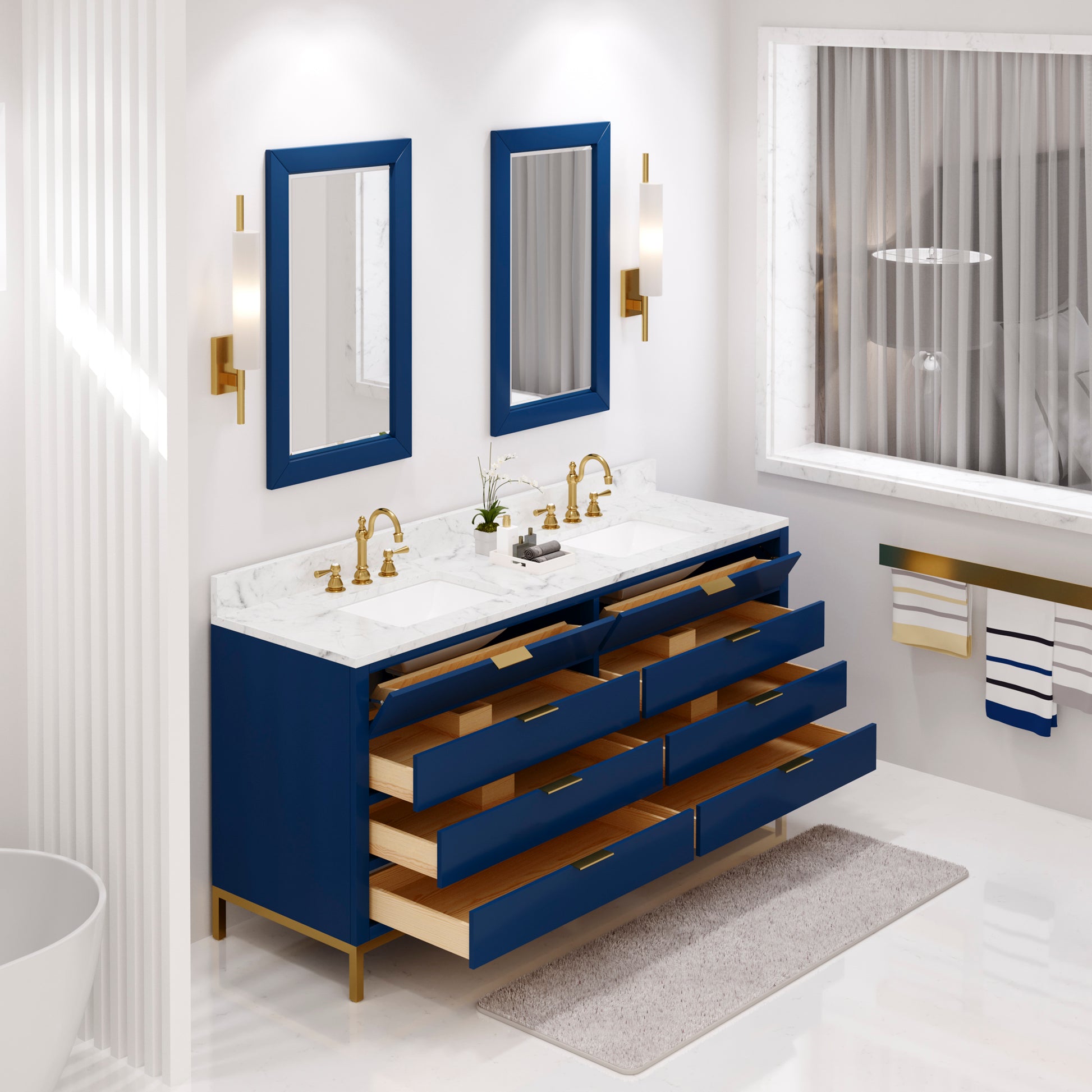 BRISTOL 72"W x 34"H Monarch Blue Double-Sink Vanity with Carrara White Marble Countertop + Satin Gold Hook Faucets and Rectangular Mirrors (S)