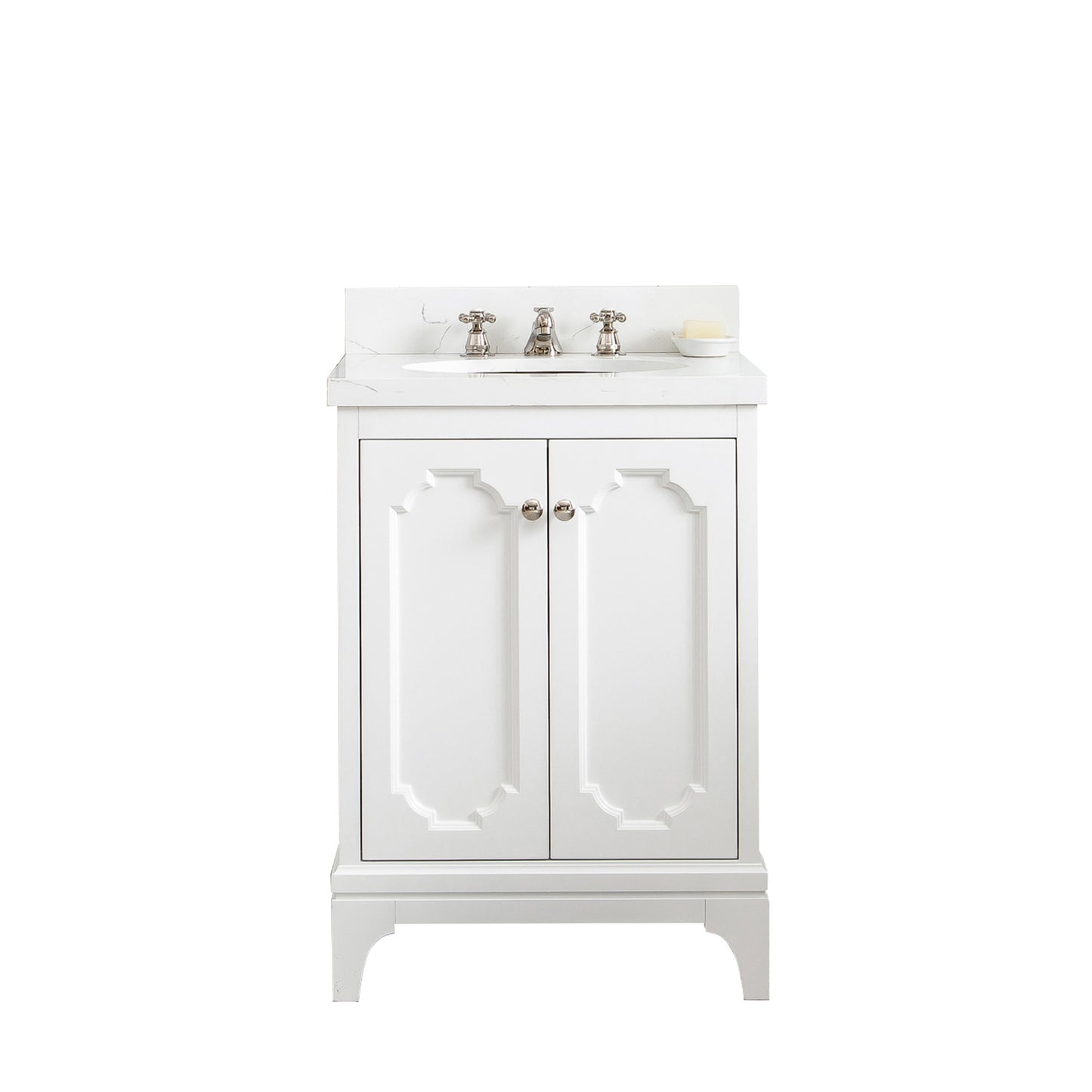 QUEEN 24"W x 34"H Pure White Single-Sink Vanity with Carrara Quartz Countertop + Faucets (F2-0009)