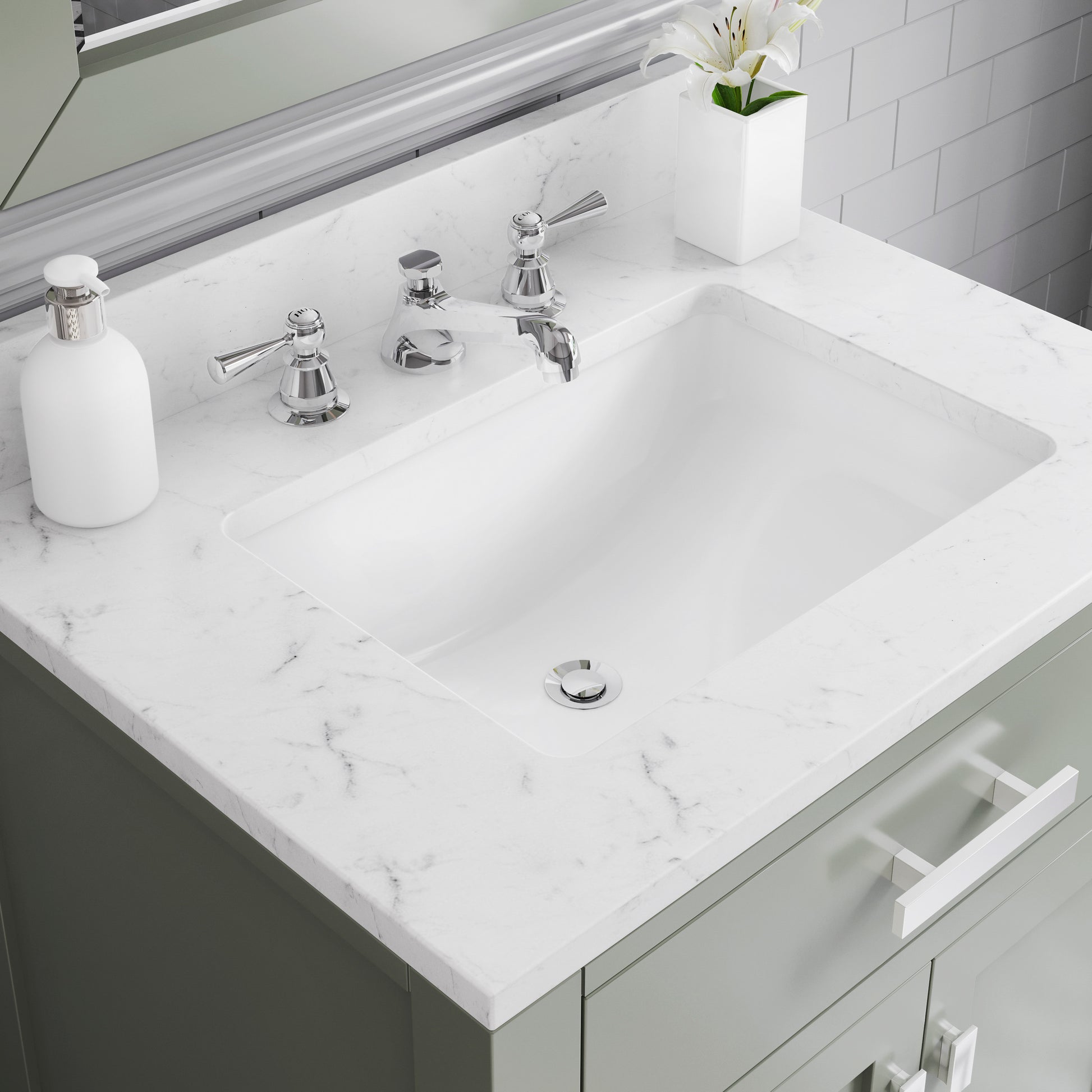 MADISON 30"W x 34"H Glacial Green Single-Sink Vanity with Carrara White Marble Countertop + Classic Faucet