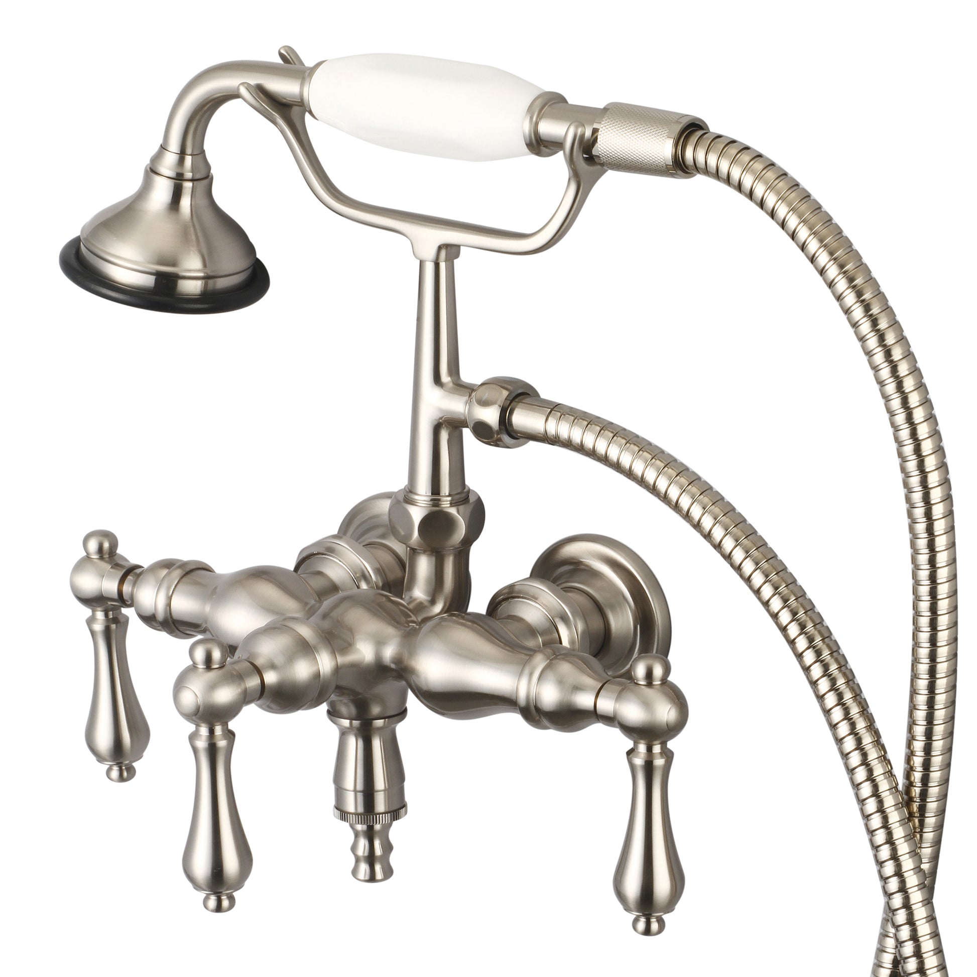 Vintage Classic 3.375" Center Wall Mount Tub Faucet With Down Spout, Straight Wall Connector & Handheld Shower in Brushed Nickel Finish, With Metal Lever Handles Without Labels