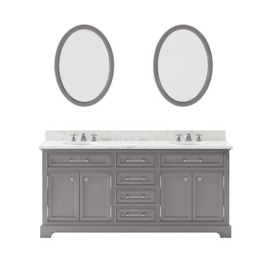 DERBY 72"W x 34"H Cashmere Gray Double-Sink Vanity with Carrara White Marble Countertop + Faucets & Mirrors