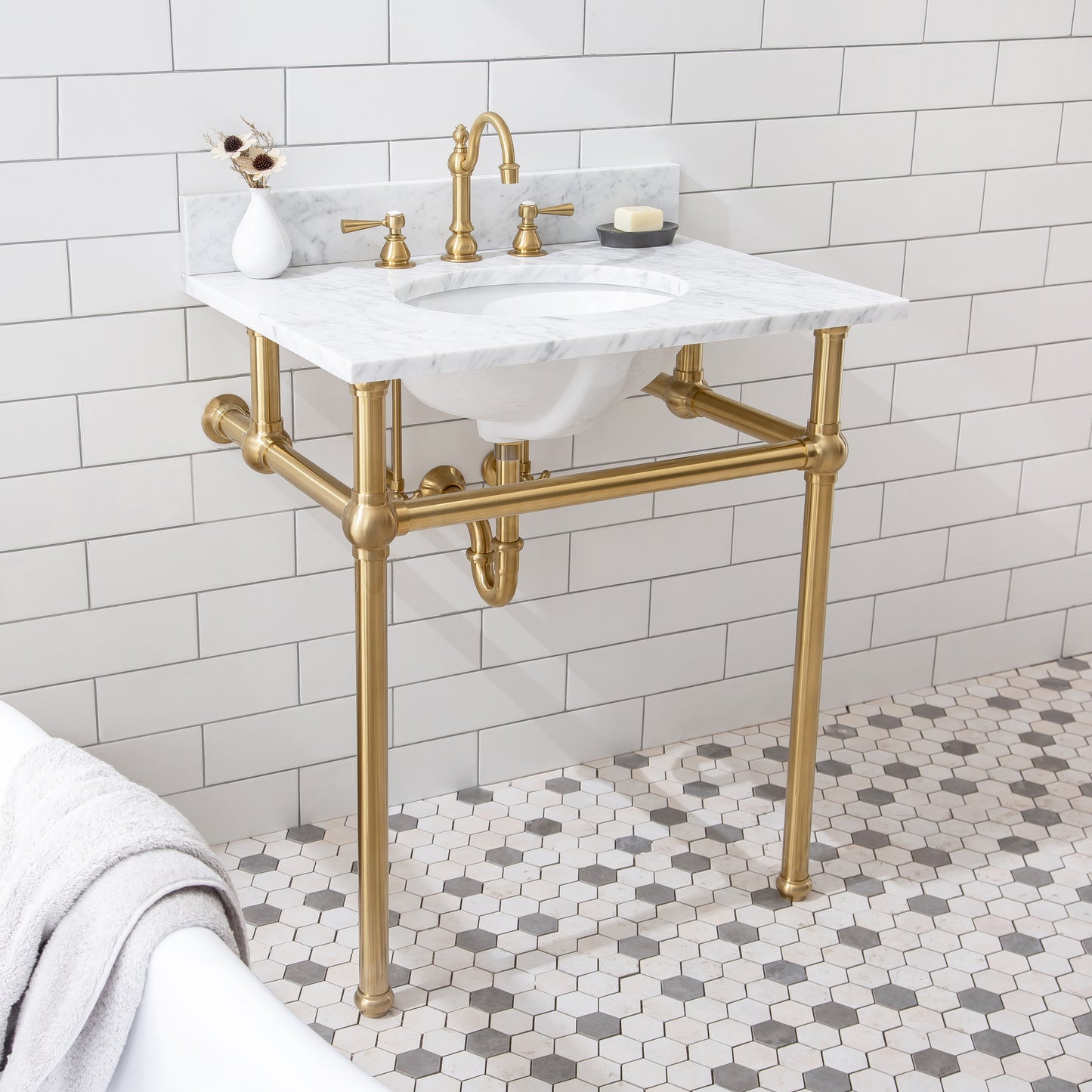 EMBASSY 30"W x 34"H  Single Washstand , P-Trap, Countertop with Sink, F2-0012 Faucet and Mirror included, in Satin Gold Finish