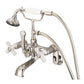 Vintage Classic Adjustable Center Wall Mount Tub Faucet With Swivel Wall Connector & Handheld Shower in Polished Nickel Finish, With Porcelain Cross Handles, Hot And Cold Labels Included