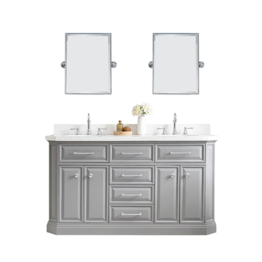 PALACE 60"W x 34"H Cashmere Gray Vanity with Carrara Quartz Countertop + Faucets & Mirror (F2-0012), Chrome Finish Hardware & Mirror