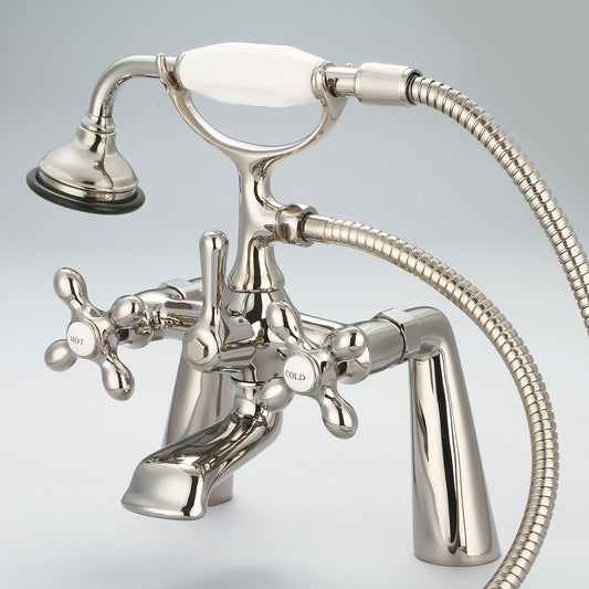 Vintage Classic 7" Spread Deck Mount Tub Faucet With Handheld Shower in Polished Nickel Finish, With Metal Lever Handles, Hot And Cold Labels Included