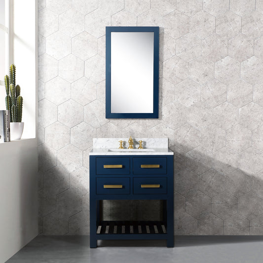 MADALYN 30"W x 34"H Monarch Blue Single-Sink Vanity with Carrara White Marble Countertop + Faucets (F2-0013)