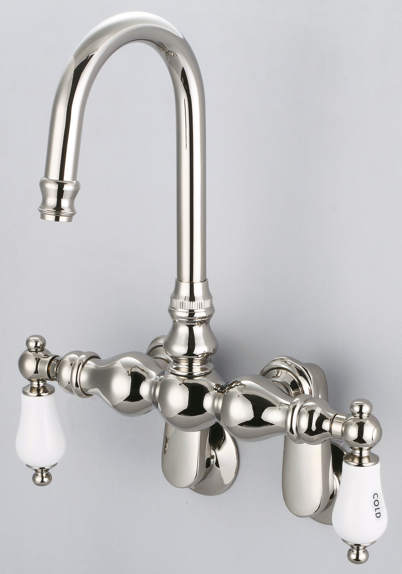 Vintage Classic Adjustable Spread Wall Mount Tub Faucet With Gooseneck Spout & Swivel Wall Connector in Polished Nickel Finish, With Porcelain Lever Handles, Hot And Cold Labels Included