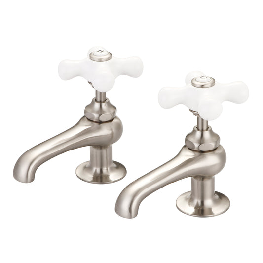 Vintage Classic Basin Cocks Bathroom Faucets in Brushed Nickel Finish, With Porcelain Cross Handles, Hot And Cold Labels Included