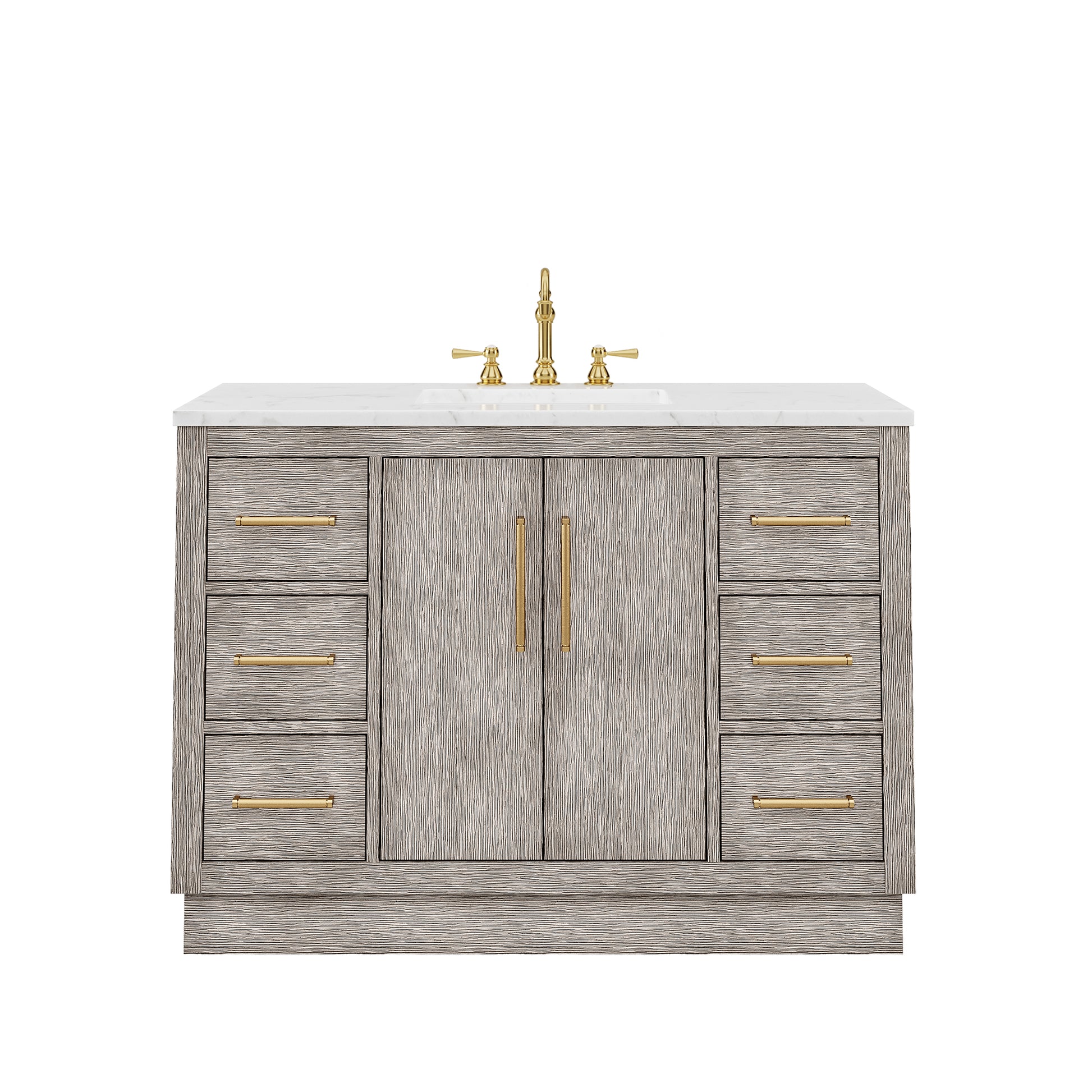 HUGO 48"W x 34.3"H Gray Oak Single-Sink Vanity with Carrara White Marble Countertop + Hook Faucet