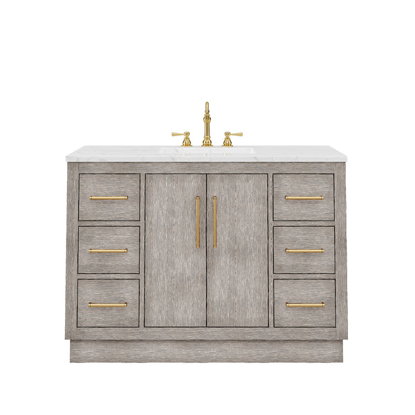 HUGO 48W x 34.3H Gray Oak Single-Sink Vanity with Carrara White Marble Countertop + Hook Faucet