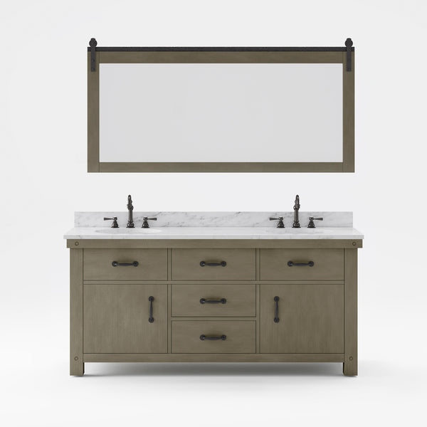 ABERDEEN 72W x 34H Grizzle Gray Double-Sink Vanity with Carrara White Marble Countertop + Mirror