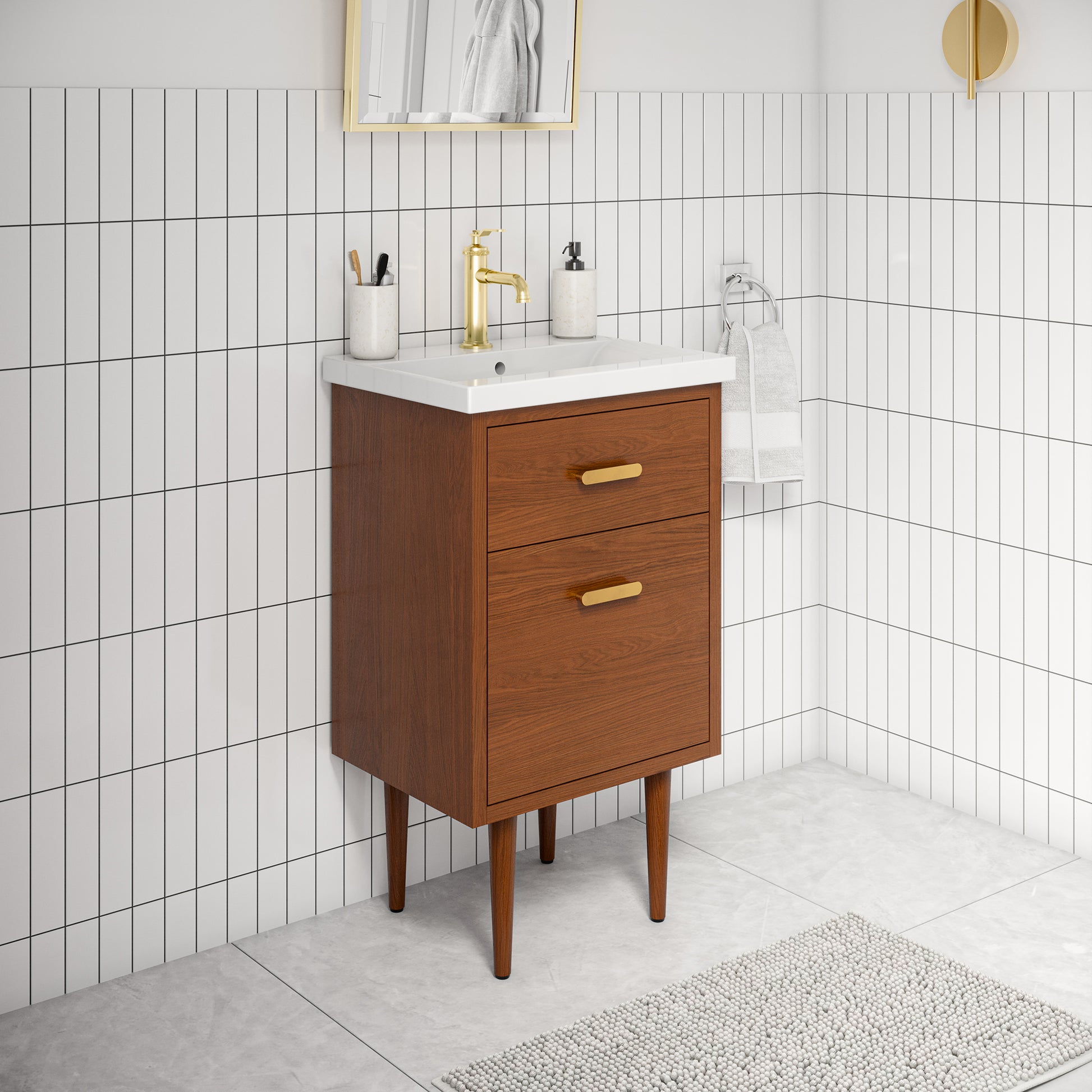 BRANDY 20.5"W x 34.5"H Honey Walnut Integrated Ceramic Sink Vanity + Satin Gold Single Faucet