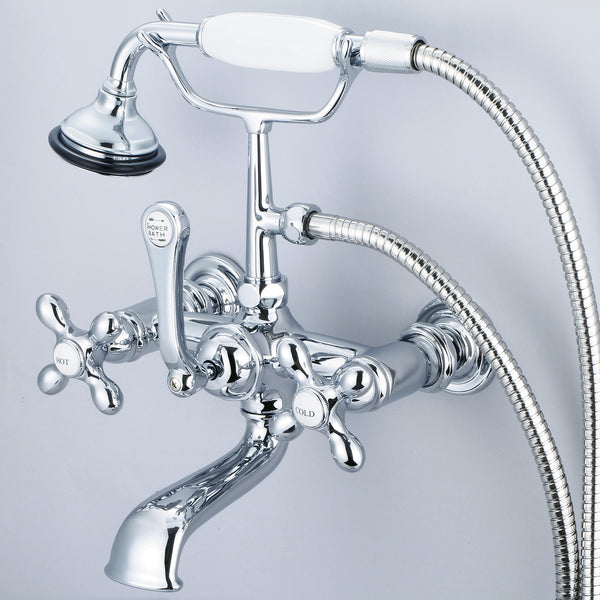 Vintage Classic 7 Spread Wall Mount Tub Faucet With Straight Wall Connector & Handheld Shower in Chrome Finish, With Metal Lever Handles, Hot And Cold Labels Included