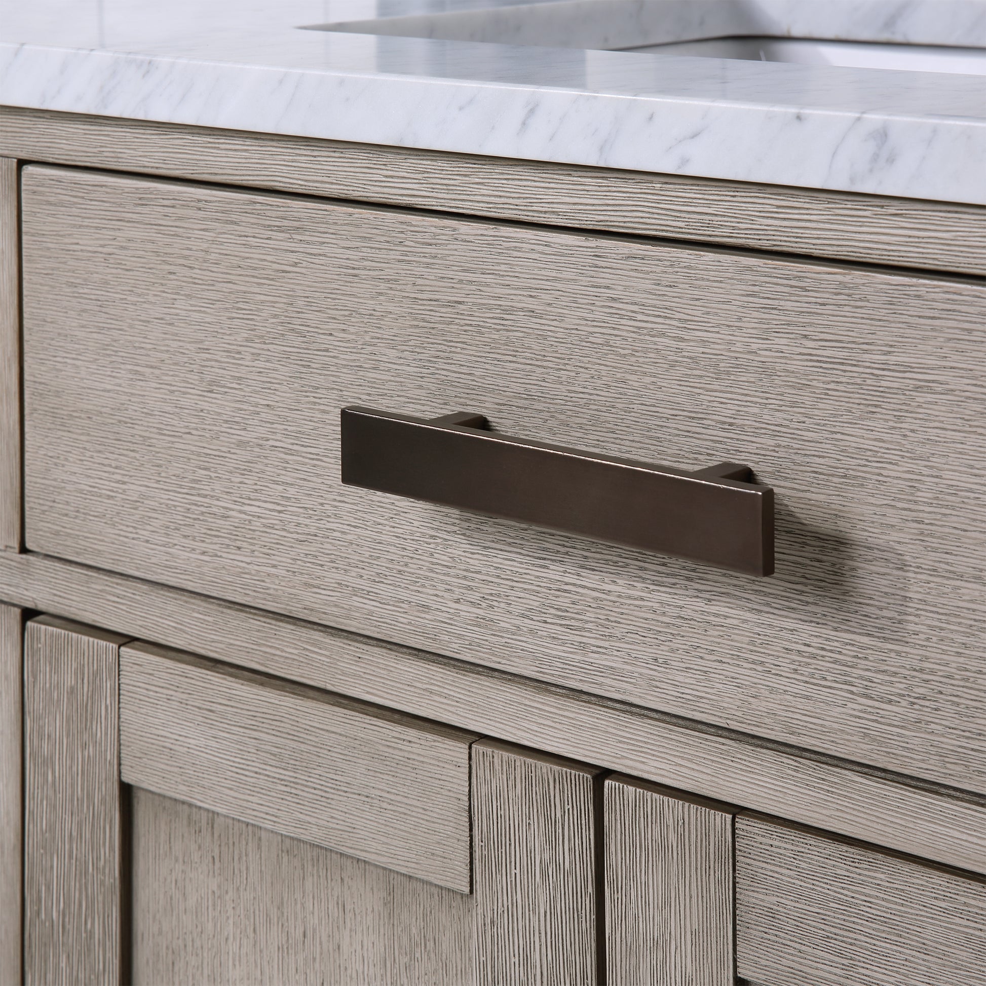 CHESTNUT 60"W x 34.2"H Gray Oak Double-Sink Vanity with Carrara White Marble Countertop + Faucets & Mirrors