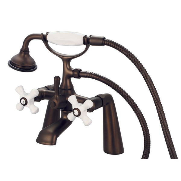 Vintage Classic 7 Spread Deck Mount Tub Faucet With Handheld Shower in Oil Rubbed Bronze Finish, With Porcelain Cross Handles, Hot And Cold Labels Included