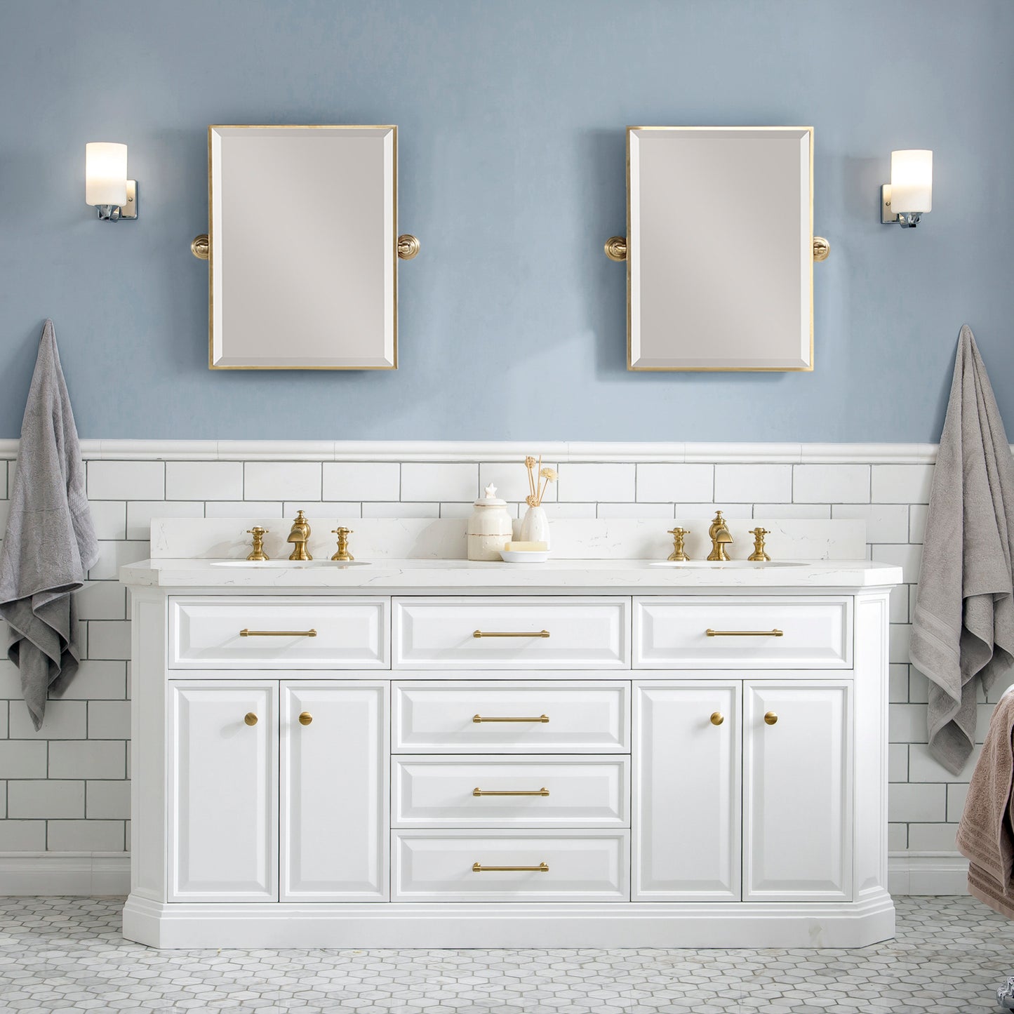 PALACE 72"W x 34"H Pure White Vanity with Carrara Quartz Countertop + Faucets & Mirrors (F2-0013), Satin Gold Finish Hardware & Chrome Finish Mirror (B)