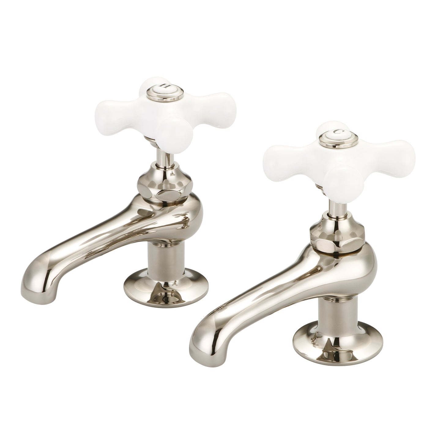 Vintage Classic Basin Cocks Bathroom Faucets in Polished Nickel Finish, With Porcelain Cross Handles, Hot And Cold Labels Included