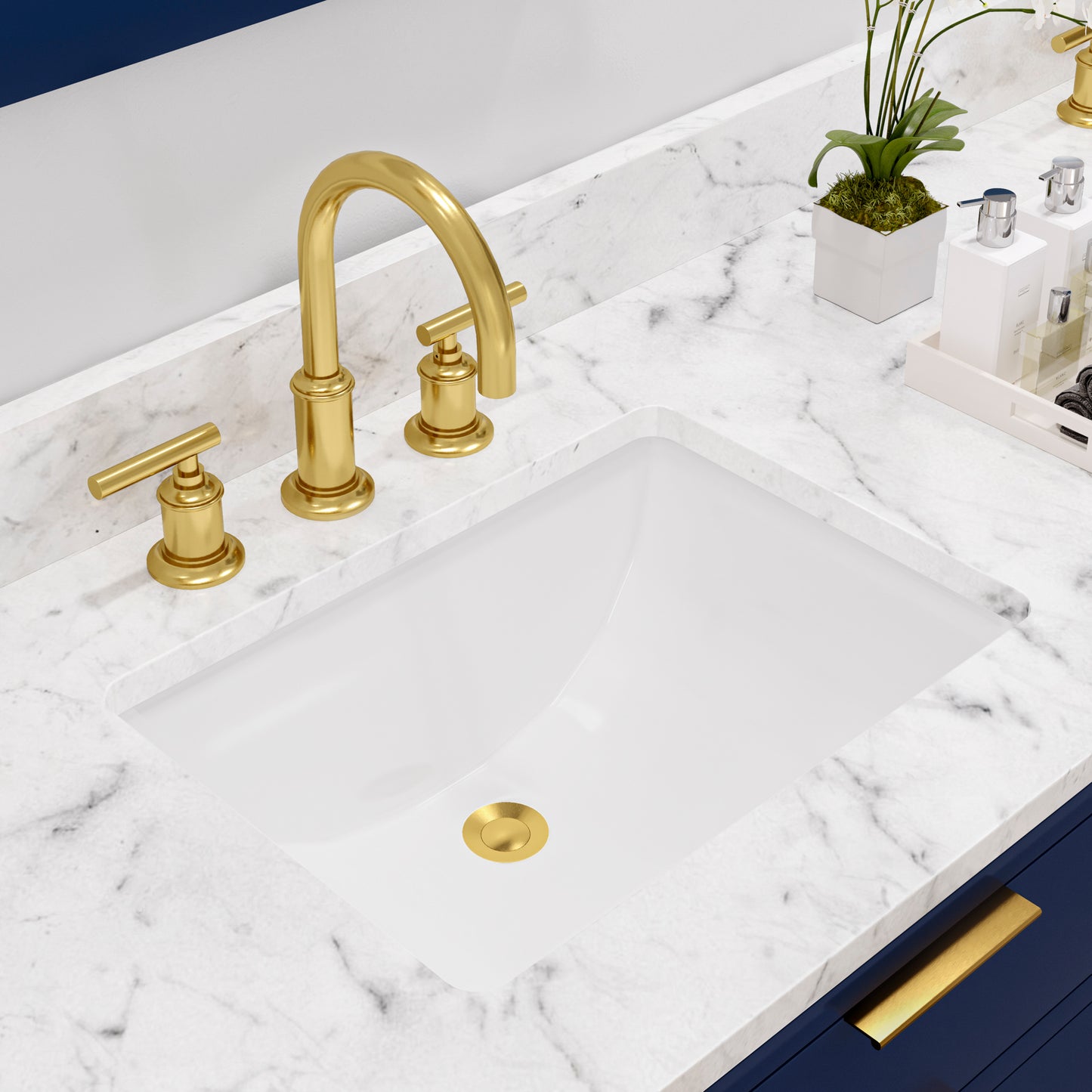 BRISTOL 72"W x 34"H Monarch Blue Double-Sink Vanity with Carrara White Marble Countertop + Satin Gold Gooseneck Faucets and Rectangular Mirrors (S)