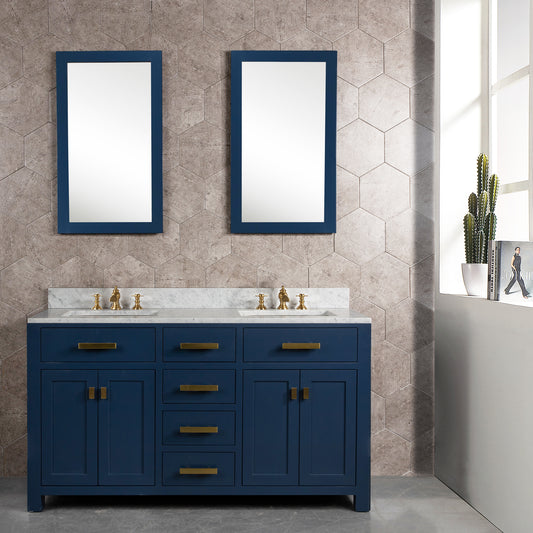 MADISON 60"W x 34"H Monarch Blue Double-Sink Vanity with Carrara White Marble Countertop + Mirror