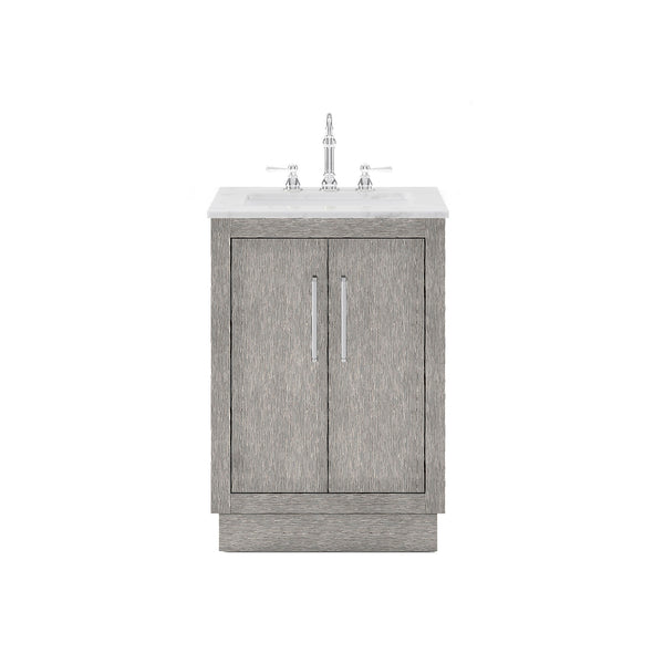 HUGO 24W x 34.3H Gray Oak Single-Sink Vanity with Carrara White Marble Countertop + Hook Faucet