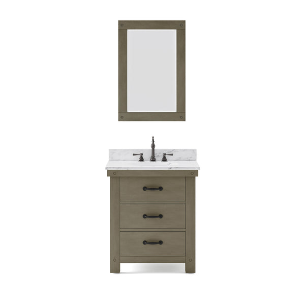 ABERDEEN 30W x 34H Grizzle Gray Single-Sink Vanity with Carrara White Marble Countertop + Mirror