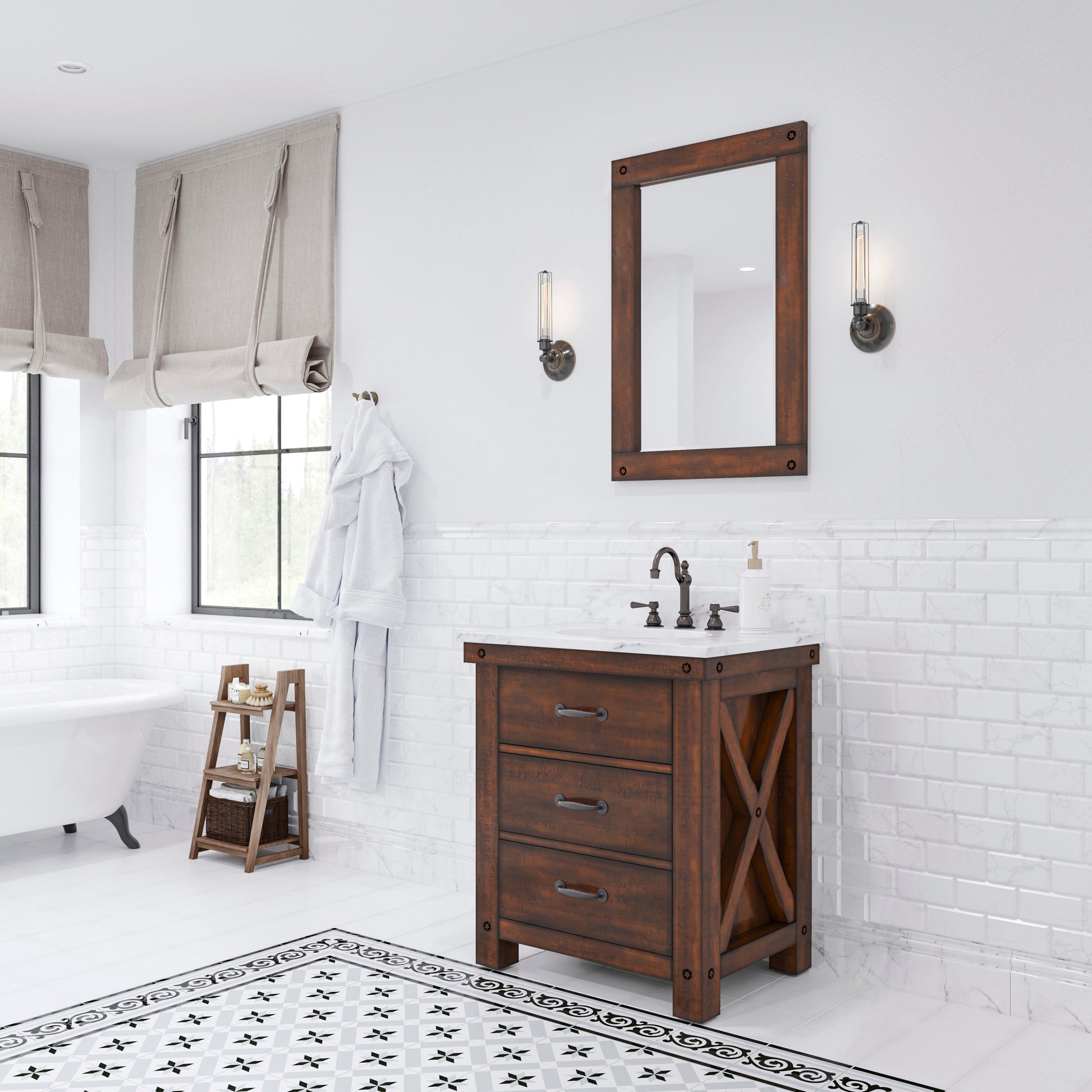 ABERDEEN 30"W x 34"H Sierra Rustic Single-Sink Vanity with Carrara White Marble Countertop + Mirror