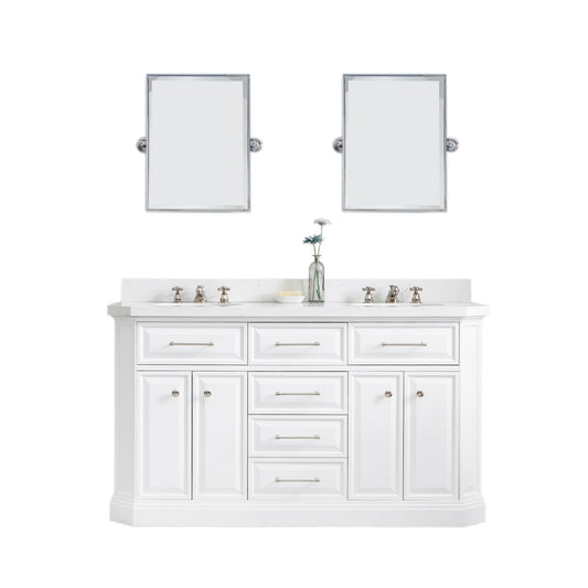 PALACE 60"W x 34"H Pure White Vanity with Carrara Quartz Countertop + Faucets & Mirror (F2-0009), Polished Nickel Finish Hardware & Mirror