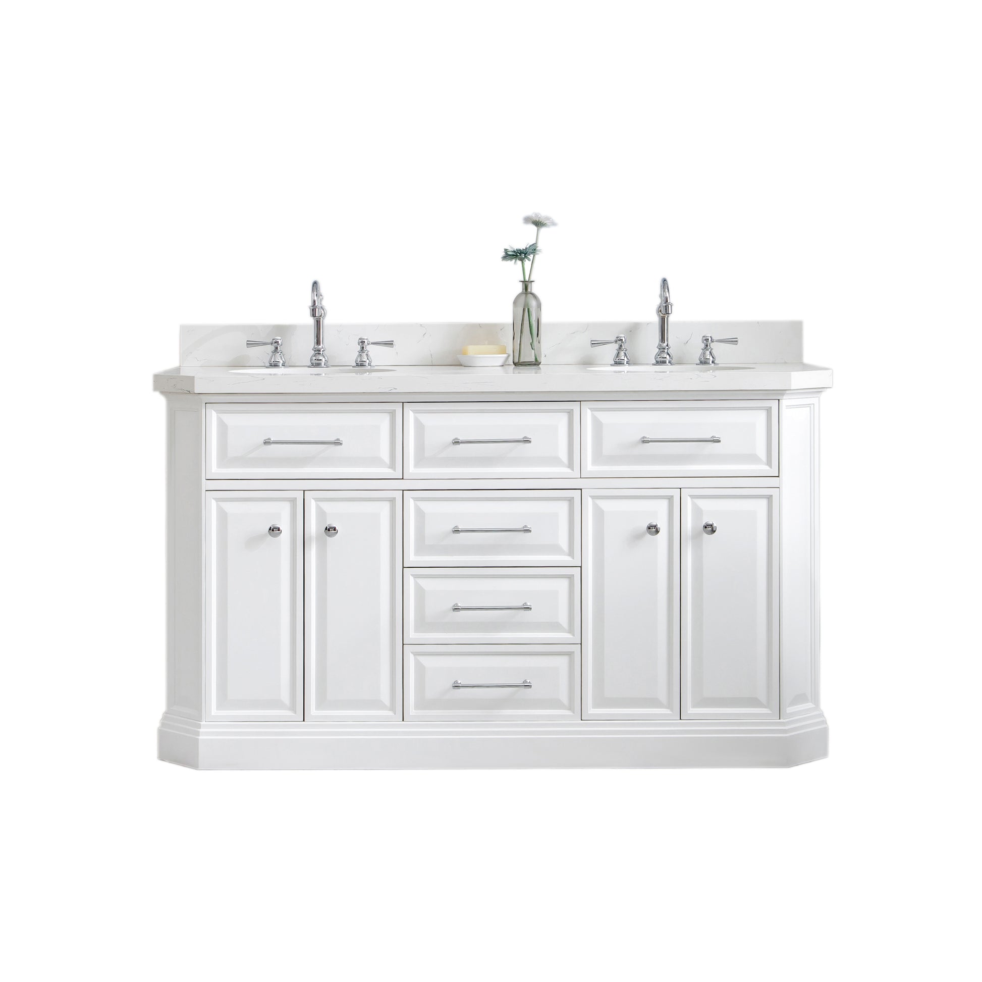 PALACE 60"W x 34"H Pure White Vanity with Carrara Quartz Countertop + Faucets (F2-0012), Chrome Finish Hardware