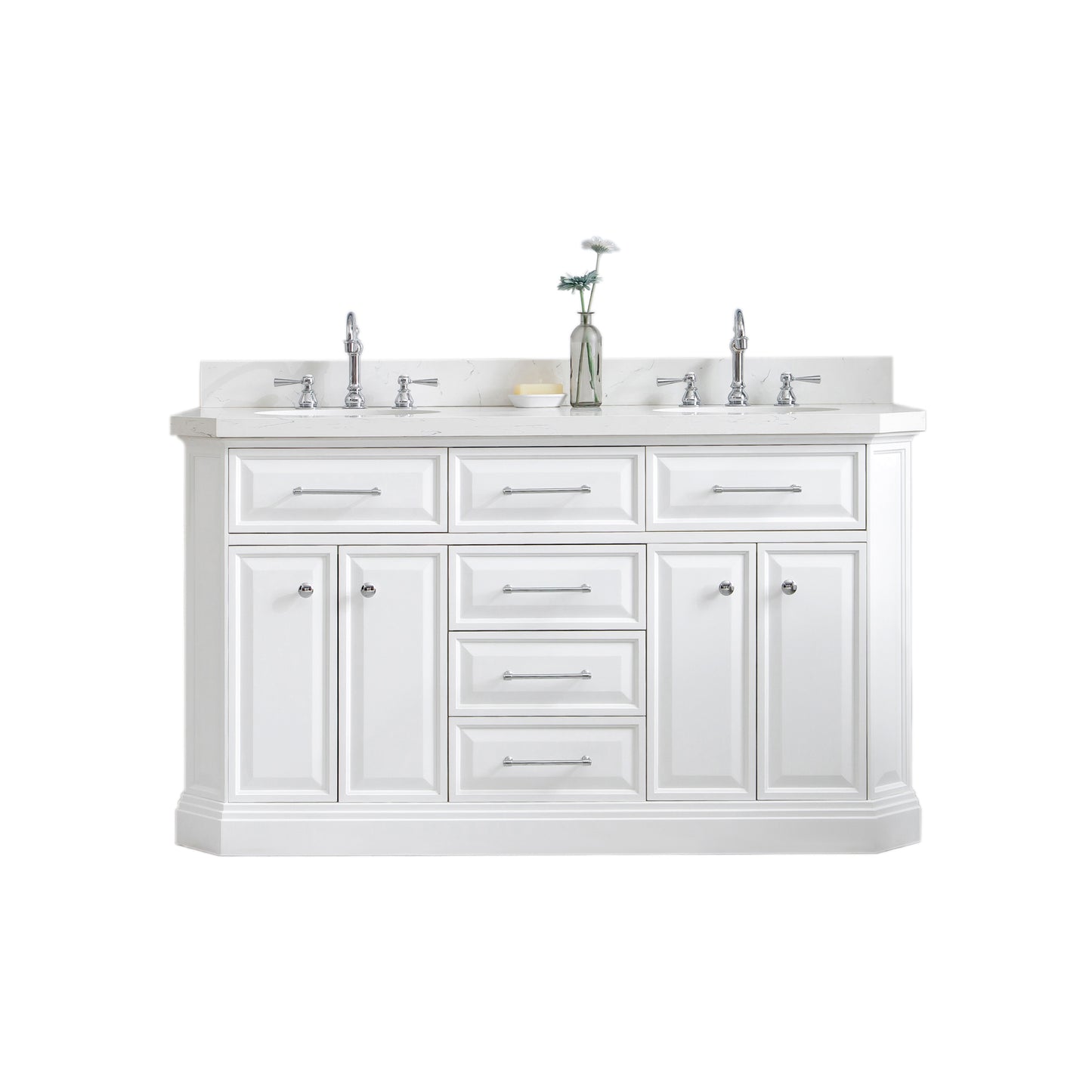 PALACE 60"W x 34"H Pure White Vanity with Carrara Quartz Countertop + Faucets (F2-0012), Chrome Finish Hardware