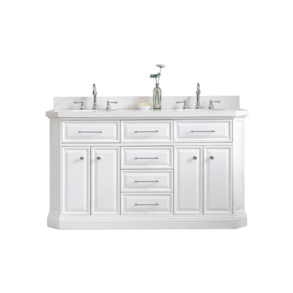 PALACE 60W x 34H Pure White Vanity with Carrara Quartz Countertop + Faucets (F2-0012), Chrome Finish Hardware