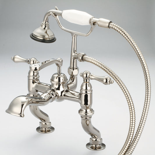 Vintage Classic Adjustable Center Deck Mount Tub Faucet With Handheld Shower in Polished Nickel Finish, With Metal Lever Handles Without Labels