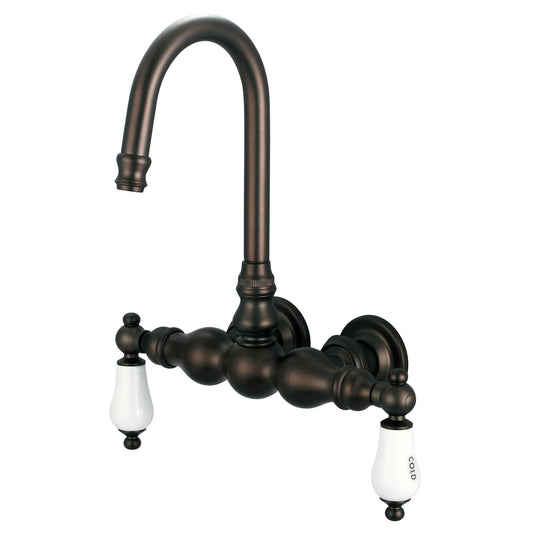 Vintage Classic 3.375" Center Wall Mount Tub Faucet With Gooseneck Spout & Straight Wall Connector in Oil Rubbed Bronze Finish, With Porcelain Lever Handles, Hot And Cold Labels Included