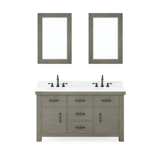 ABERDEEN 60"W x 34"H Grizzle Grey Double-Sink Vanity with Carrara White Marble Countertop + Mirrors