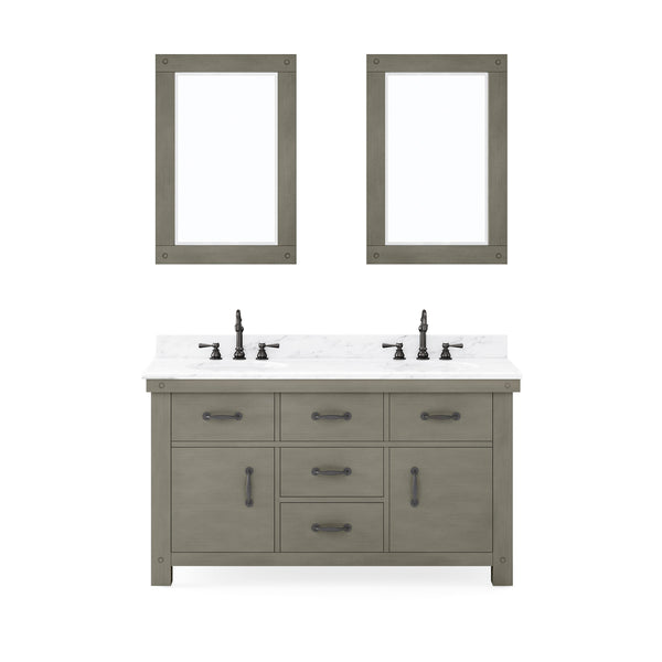 ABERDEEN 60W x 34H Grizzle Grey Double-Sink Vanity with Carrara White Marble Countertop + Mirrors